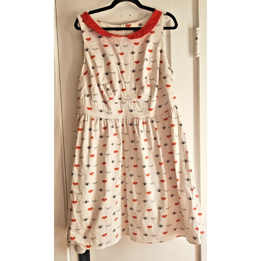 Vintage IXIA playful eye lip sleeveless scalloped collar‎ dress woman Sz 1X